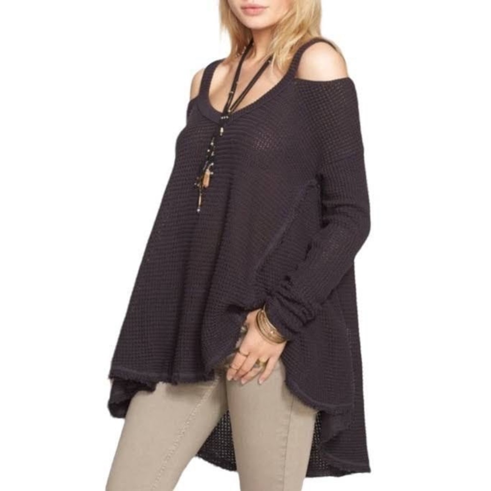 Free People Moonshine Waffle Knit Cold Shoulder Sweater Gray Size Medium Boho